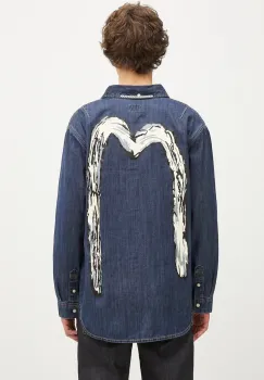 Evisu camasa din denim Daicock Printed barbati, culoarea bleumarin, cu guler clasic, regular fit, 2EAHTM4DL1031 imagine