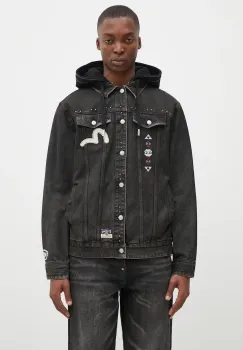 Evisu geaca din denim Weel of Wisdom barbati, culoarea negru, de tranzitie, 2EAHTM4DJ1001 imagine