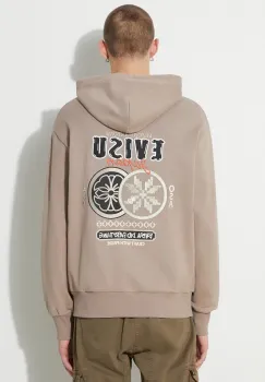 Evisu hanorac de bumbac Double Kamon EMB barbati, culoarea bej, cu gluga, cu imprimeu, 2EAHTM3SW1076RXCT imagine
