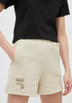 Fila pantaloni scurti din bumbac culoarea bej, cu imprimeu, high waist imagine