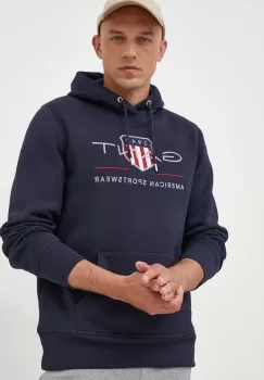 Gant bluza barbati, culoarea albastru marin, cu gluga, cu imprimeu imagine