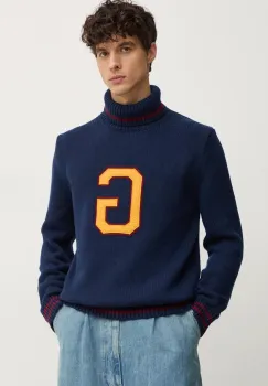 Gant pulover din amestec de lana barbati, culoarea albastru marin, cu guler, 8030218 imagine