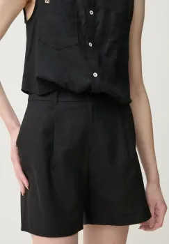 Gaudi pantaloni scurti din in femei, culoarea negru, neted, high waist, 511BD25038 imagine