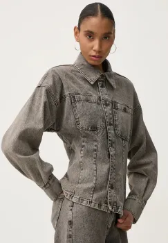 Gestuz camasa jeans femei, culoarea gri, cu guler clasic, relaxed, 10909476 imagine