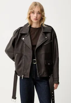 Gestuz geaca ramones de piele culoarea maro, de tranzitie, 10910820 imagine