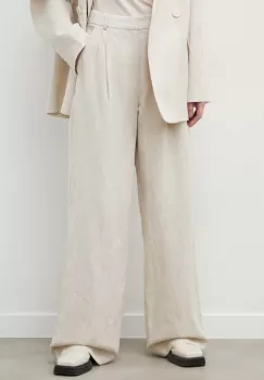 Gestuz pantaloni din amestec de in culoarea bej, lat, high waist imagine