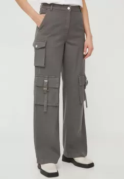 Gestuz pantaloni femei, culoarea gri, lat, high waist imagine