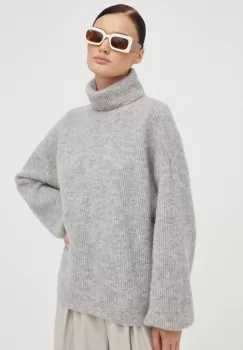 Gestuz pulover de lana femei, culoarea gri, calduros, cu guler imagine