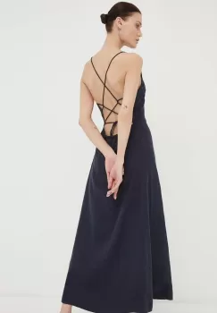 Gestuz rochie din amestec de in culoarea albastru marin, maxi, evazati imagine