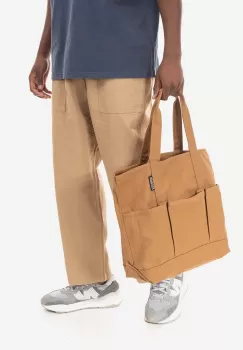 Gramicci pantaloni de bumbac Loose Tapered Pant culoarea bej, lat, medium waist imagine