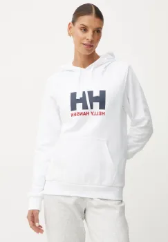Helly Hansen hanorac de bumbac HH LOGO 2.0 femei, culoarea alb, cu gluga, cu imprimeu, 34460 imagine