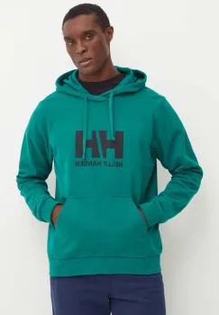 Helly Hansen hanorac de bumbac HH LOGO barbati, culoarea verde, cu gluga, cu imprimeu, 30394 imagine