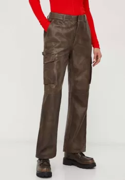 Herskind pantaloni de piele femei, culoarea maro, drept, high waist imagine