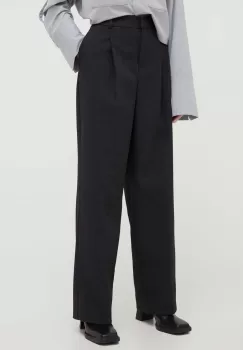 Herskind pantaloni din lana Theis culoarea gri, fason chinos, high waist imagine