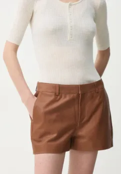 Herskind pantaloni scurti de piele Holly femei, culoarea maro, uni, medium waist, 5469175 imagine