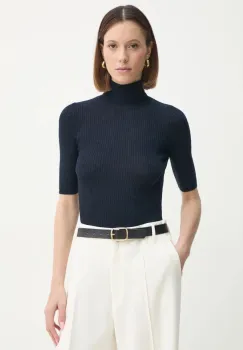 Herskind pulover de lana Evangalista femei, culoarea albastru marin, light, cu guler, 5432825 imagine