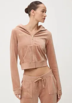Juicy Couture bluza din velur HERITAGE CROWN ROBYN HOODIE culoarea maro, cu gluga, cu imprimeu, JCGAS224011 imagine