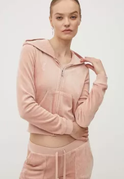 Juicy Couture bluza din velur HERITAGE ROBYN HOODIE culoarea bej, cu gluga, neted, JCSEBJ007 imagine