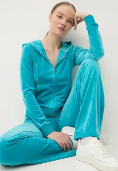 Juicy Couture bluza din velur ROBERTSON CLASS culoarea verde, cu gluga, neted, JCAP176 imagine
