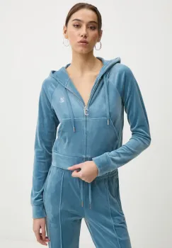 Juicy Couture bluza femei, culoarea turcoaz, cu gluga, cu imprimeu, JCWA122001 imagine