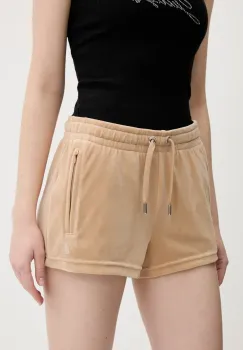 Juicy Couture pantaloni scurti de catifea TAMIA femei, culoarea bej, cu imprimeu, medium waist, JCWH121001 imagine