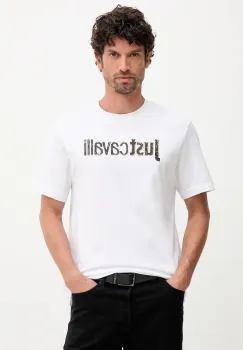 Just Cavalli tricou din bumbac culoarea alb, cu imprimeu, 79OAHT16 CJ500 imagine