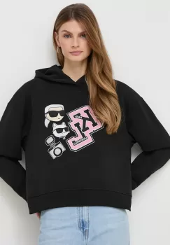 Karl Lagerfeld bluza femei, culoarea negru, cu gluga, cu imprimeu imagine