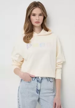 Karl Lagerfeld hanorac de bumbac femei, culoarea bej, cu gluga, cu imprimeu imagine