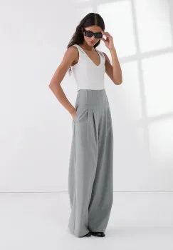 Karl Lagerfeld pantaloni de lana culoarea gri, lat, high waist, A3W10100 imagine
