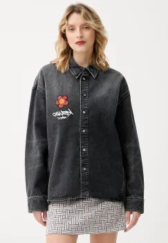 Kenzo camasa jeans culoarea gri, cu guler clasic, relaxed, FF62DC2506C8 imagine
