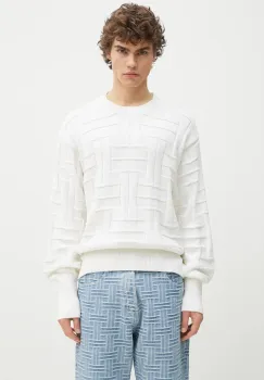 Kenzo pulover de bumbac Weave barbati, culoarea alb, calduros, FF55PU7083CB.02 imagine