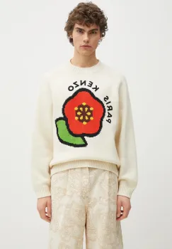 Kenzo pulover de lana Pop barbati, culoarea bej, calduros, FF55PU7223LA.02 imagine
