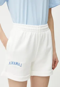 La Mania pantaloni scurti femei, culoarea alb, cu imprimeu, high waist, JUNGLE imagine