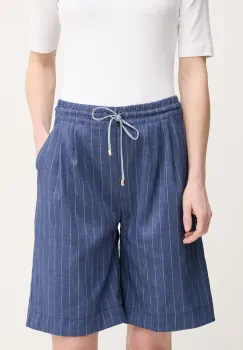 La Petite Francaise pantaloni scurti din amestec de in SOLANGE femei, culoarea bleumarin, cu imprimeu, high waist, SOLANGE imagine