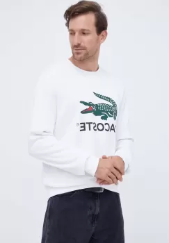 Lacoste hanorac de bumbac barbati, culoarea alb, cu imprimeu imagine
