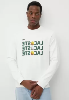 Lacoste hanorac de bumbac barbati, culoarea bej, cu imprimeu imagine