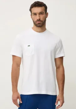 Lacoste tricou din bumbac barbati, culoarea alb, neted, TH2827 imagine