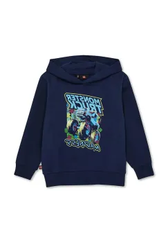 Lego hanorac de bumbac pentru copii LWSAKU 608 culoarea bleumarin, cu gluga, cu imprimeu, 11010924 imagine