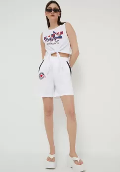 Love Moschino pantaloni scurti din bumbac culoarea alb, cu imprimeu, high waist imagine
