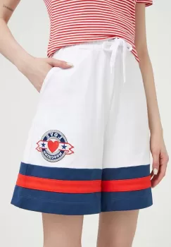 Love Moschino pantaloni scurti din bumbac culoarea alb, cu imprimeu, high waist imagine