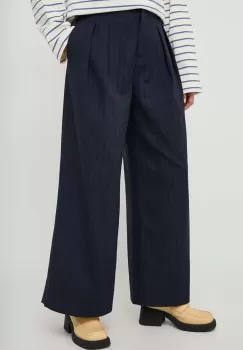 Lovechild pantaloni femei, culoarea albastru marin, lat, high waist imagine