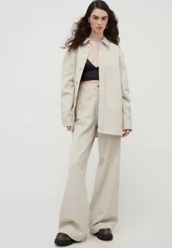 Lovechild pantaloni femei, culoarea bej, drept, high waist imagine