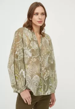 Luisa Spagnoli camasa din amestec de matase culoarea verde, cu guler stand-up, regular imagine