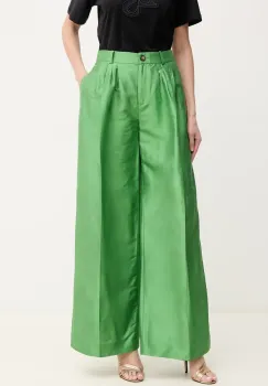 Luisa Spagnoli pantaloni de matase femei, culoarea verde, lat, high waist, 542165 imagine
