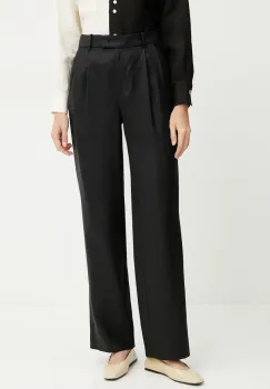 Luisa Spagnoli pantaloni din in femei, culoarea negru, drept, high waist, 542054 imagine