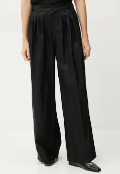 Luisa Spagnoli pantaloni din in femei, culoarea negru, lat, high waist, 542166 imagine