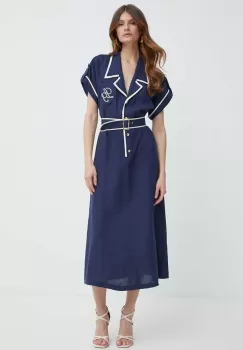 Luisa Spagnoli rochie din amestec de in PARENTE culoarea albastru marin, midi, drept, 540699 imagine