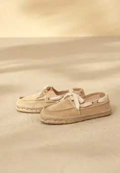 Manebi mocasini din piele intoarsa Hamptons Boat-Shoes Espadrilles femei, culoarea bej, cu toc plat, K 1.1 KW imagine