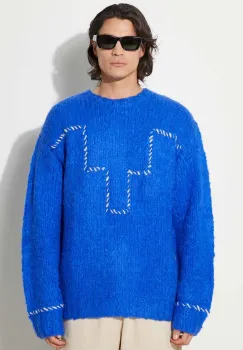 Marcelo Burlon pulover din amestec de lana Cross Block Knit Comfort Crew barbati, culoarea bleumarin, calduros, CMHE035F24KNI0054501 imagine