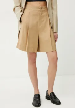 Marella pantaloni scurti din amestec de in SAGITTA femei, culoarea verde, uni, high waist, 2513141015200 imagine
